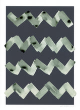 Load image into Gallery viewer, Wave abstract print, green ink wash on a charcoal black background.