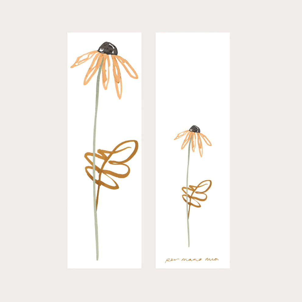 Front and back of an orange daisy bookmark with a brown leaf. The back of the bookmark has a smaller version of the hand drawn orange daisy.
