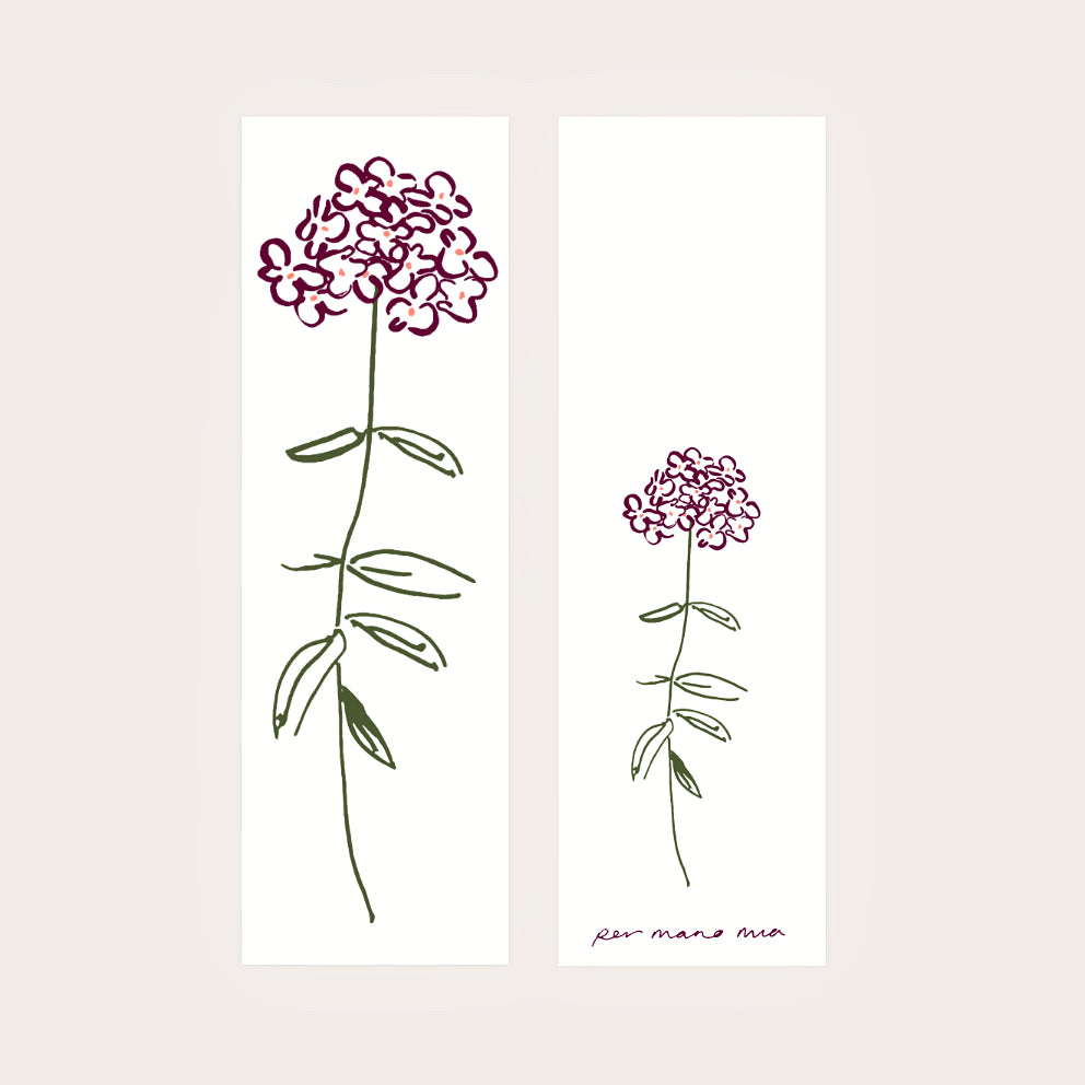 Front and back of a bookmark. Minimalist botanical illustrations of a pink flower with green leaves, shown on a light pink background.
