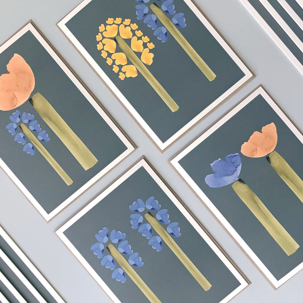 Set of 4 Double Stem Flowers Greeting Cards