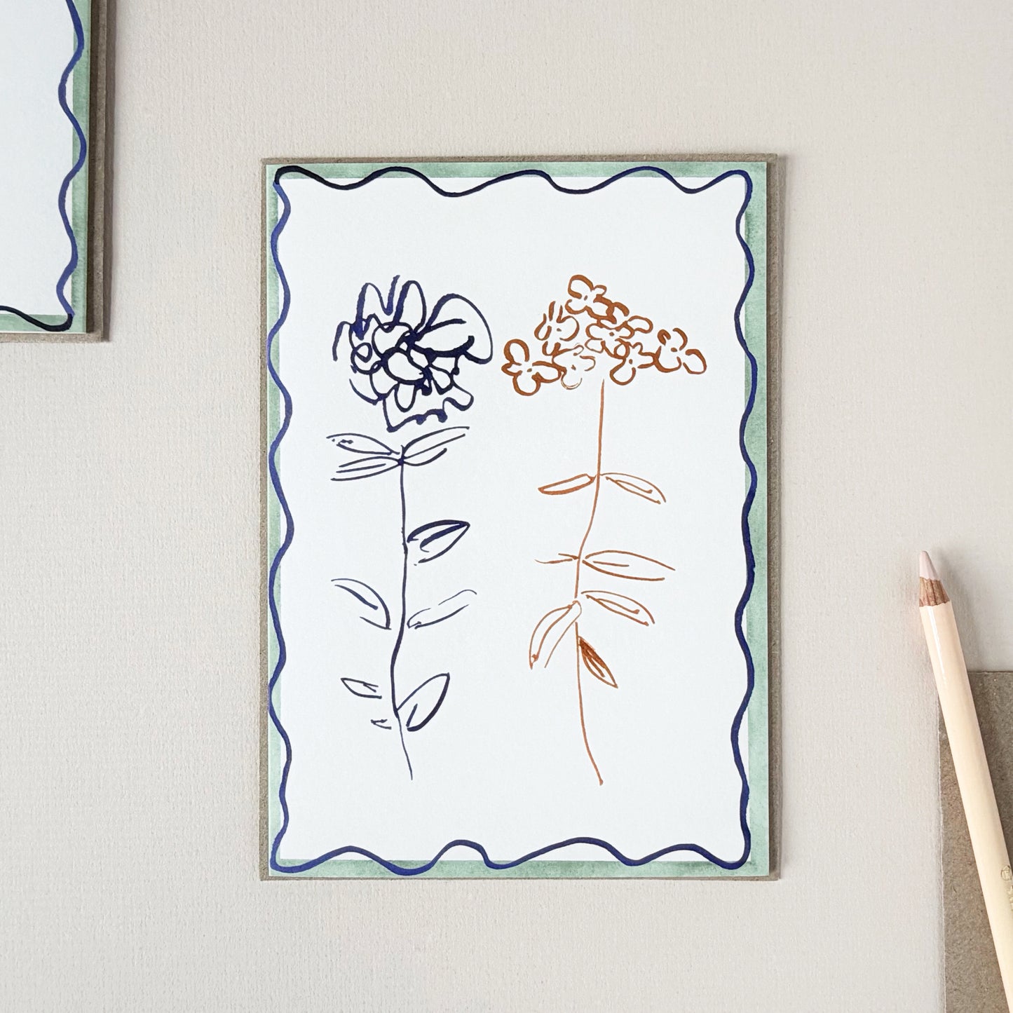 Verbena & Ranunculus Squiggle Line Stem Card