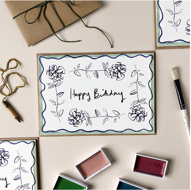 Ranunculus Squiggle Line Stem - Happy Birthday Card