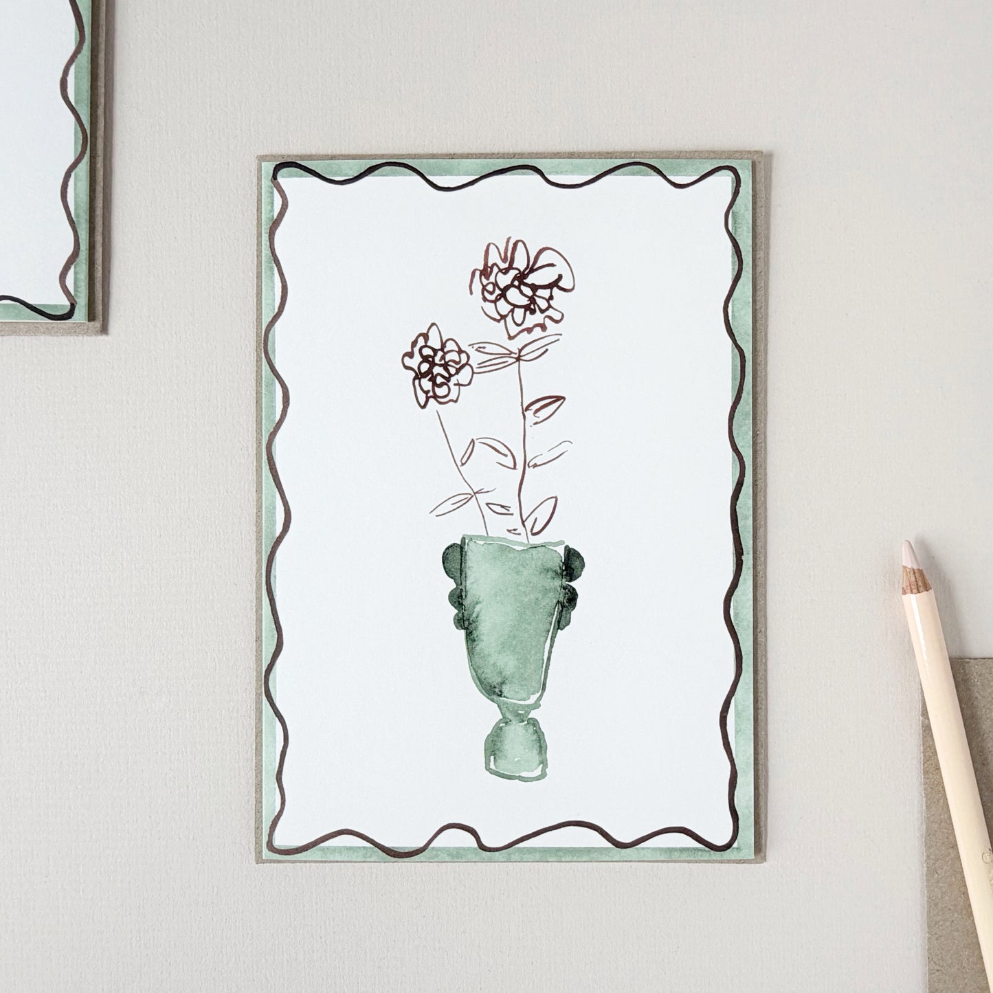Ranunculus Squiggle Line Stem In Vase Card