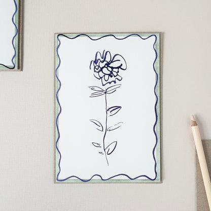 hand-designed ranunculus greeting card with blue ink floral stem illustration