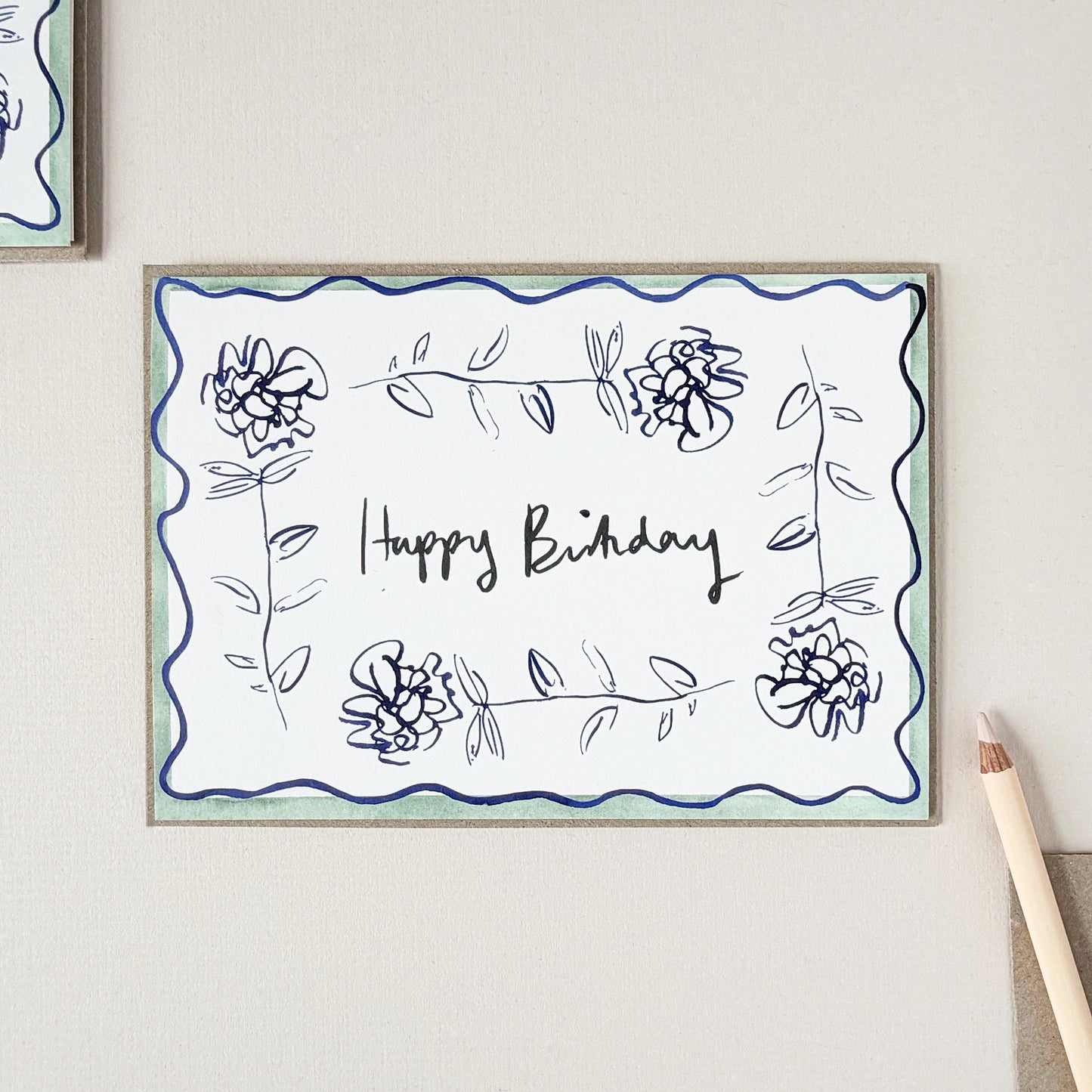 Ranunculus Squiggle Line Stem - Happy Birthday Card