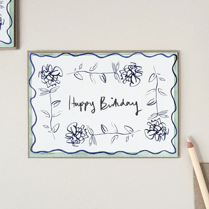 Ranunculus Squiggle Line Stem - Happy Birthday Card