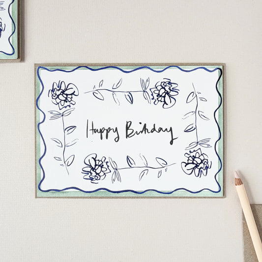 Ranunculus Squiggle Line Stem - Happy Birthday Card