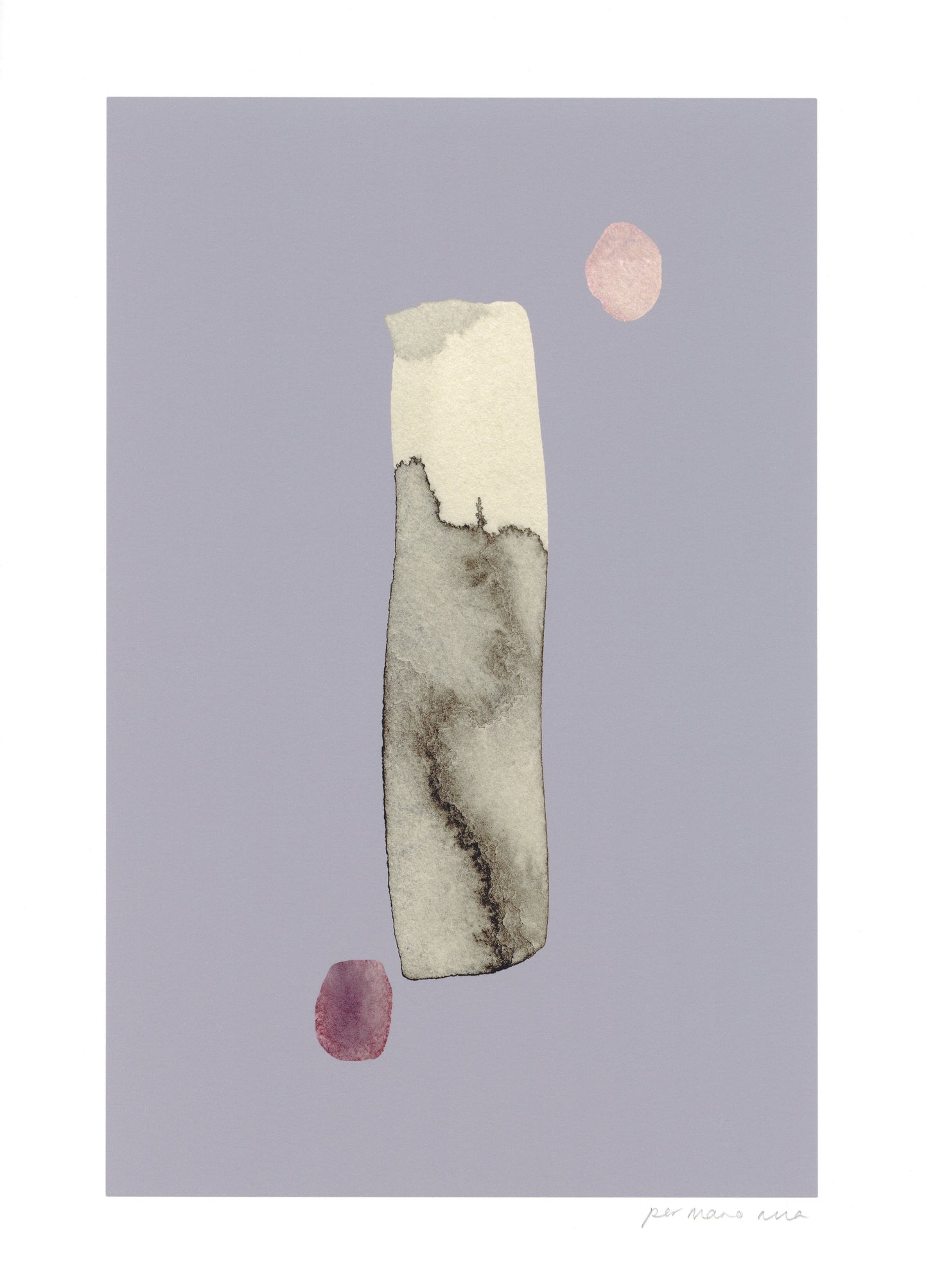 Dot dash abstract print, black  ink wash on a mauve background.