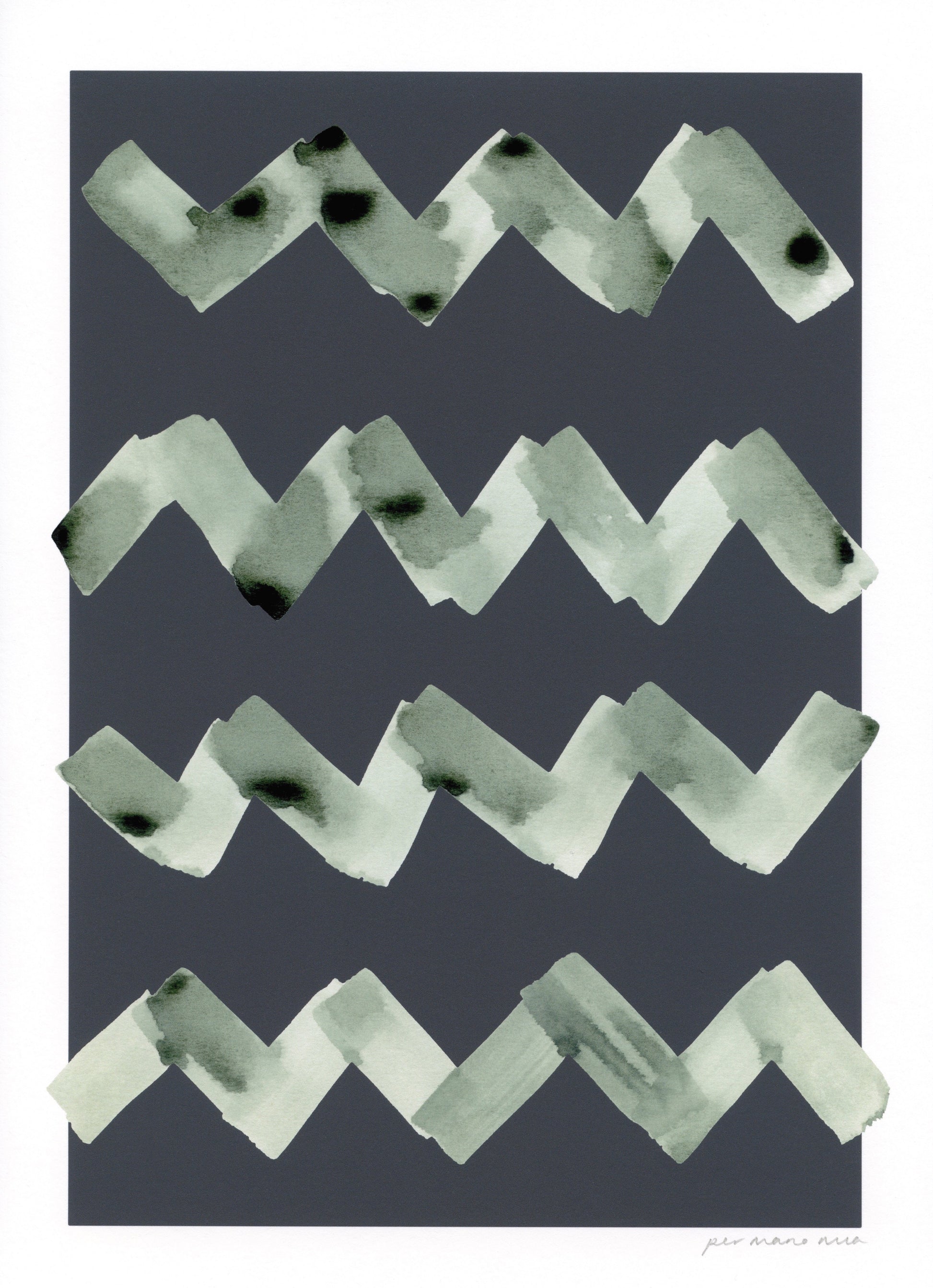 Wave abstract print, green ink wash on a charcoal black background.
