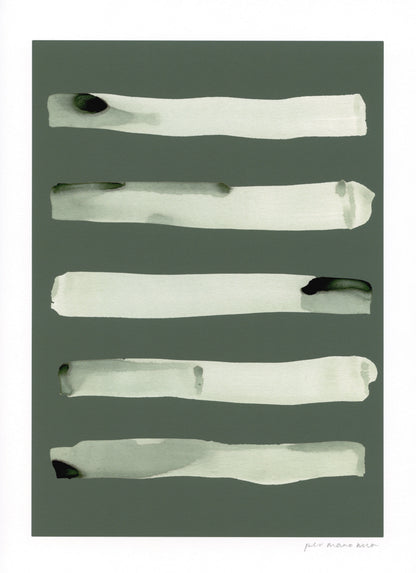 Stripe abstract print, green ink wash on a green background.