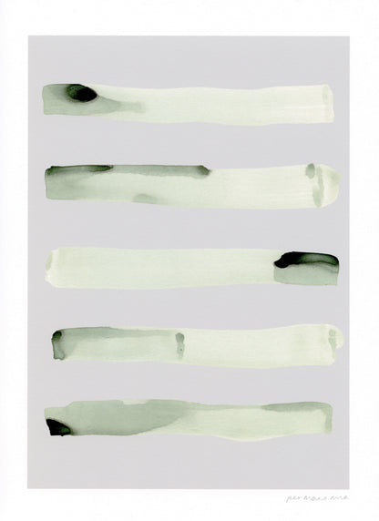 Stripe abstract print, green ink wash on a grey background.