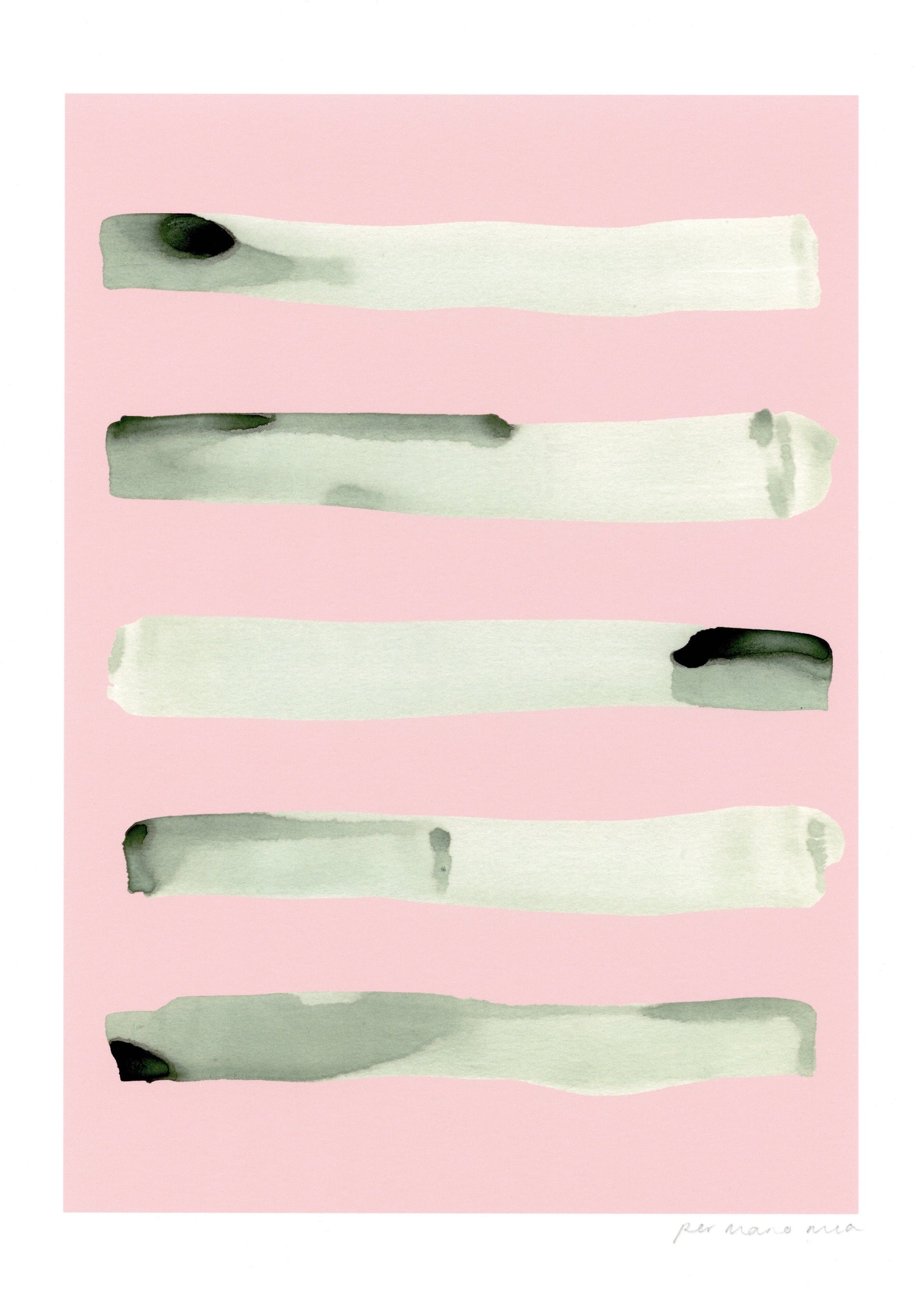Stripe abstract print, green ink wash on a pink background.