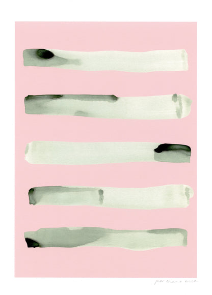 Stripe abstract print, green ink wash on a pink background.