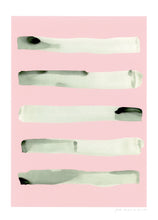 Load image into Gallery viewer, Stripe abstract print, green ink wash on a pink background.
