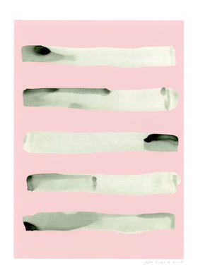 Stripe abstract print, green ink wash on a pink background.