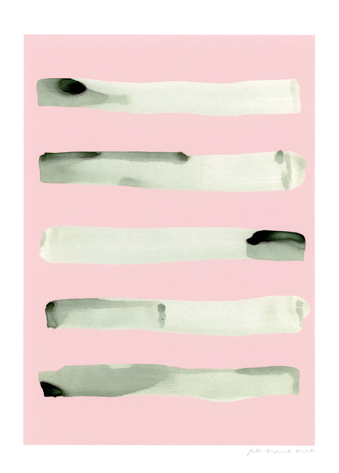Stripe abstract print, green ink wash on a pink background.