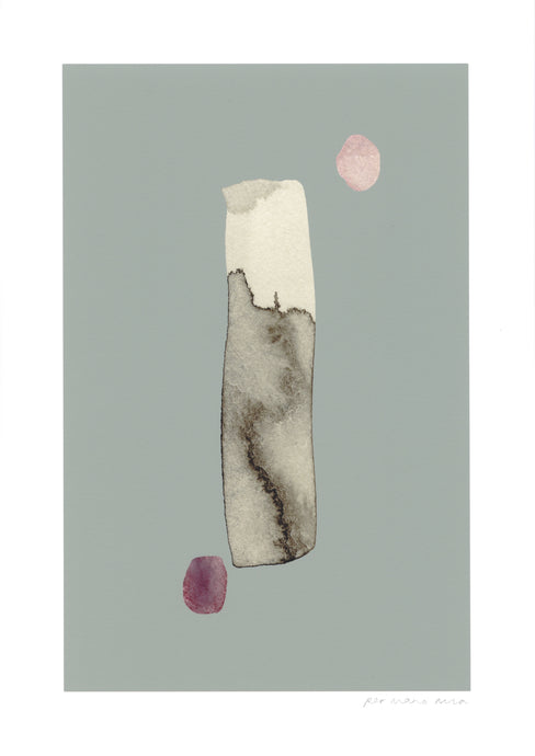 Dot dash abstract print, black  ink wash on a duck egg colour background