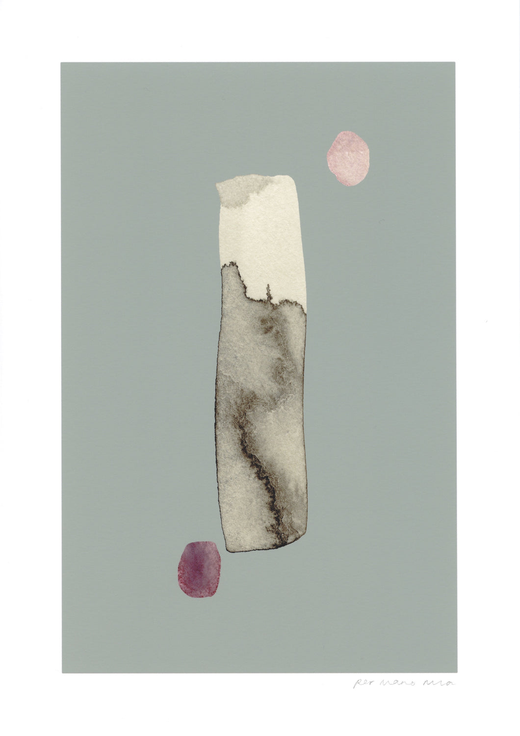Dot dash abstract print, black  ink wash on a duck egg colour background