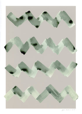 Wave abstract print, green ink wash on a taupe background.